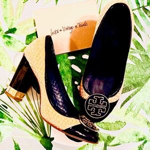 Tory Burch straw and navy patent pump